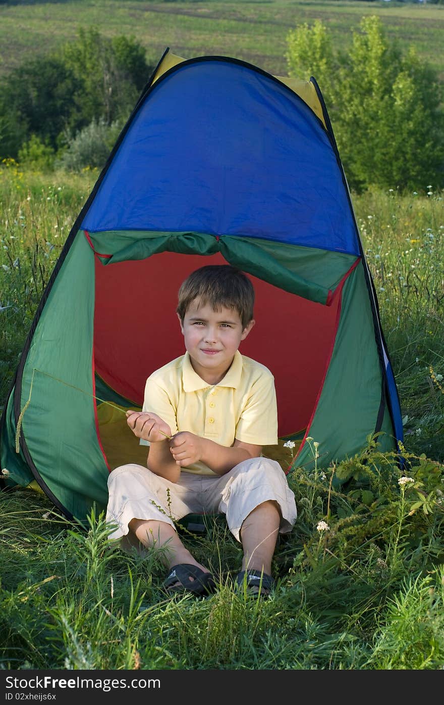 Boy in camping tent in summer forest