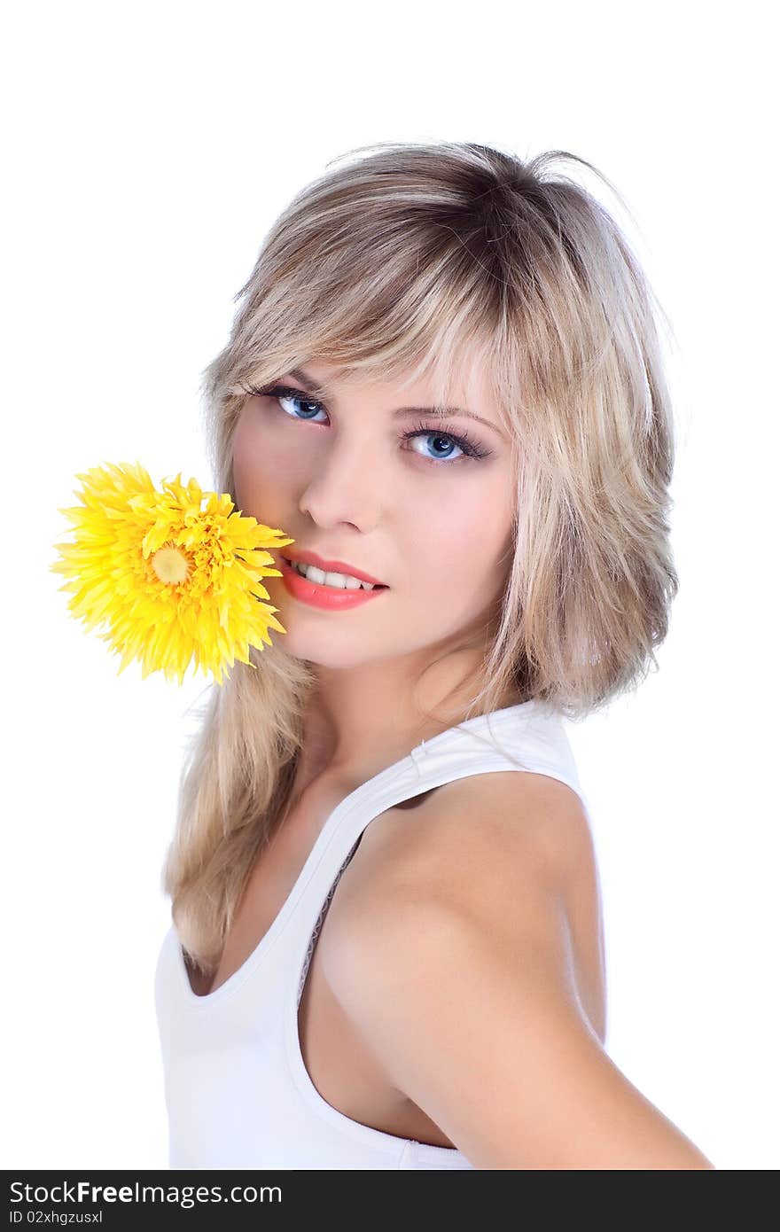 Young girl over white background with flower. Young girl over white background with flower