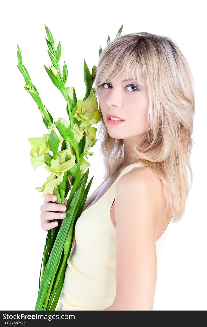 Beautiful woman with blond hair over white background