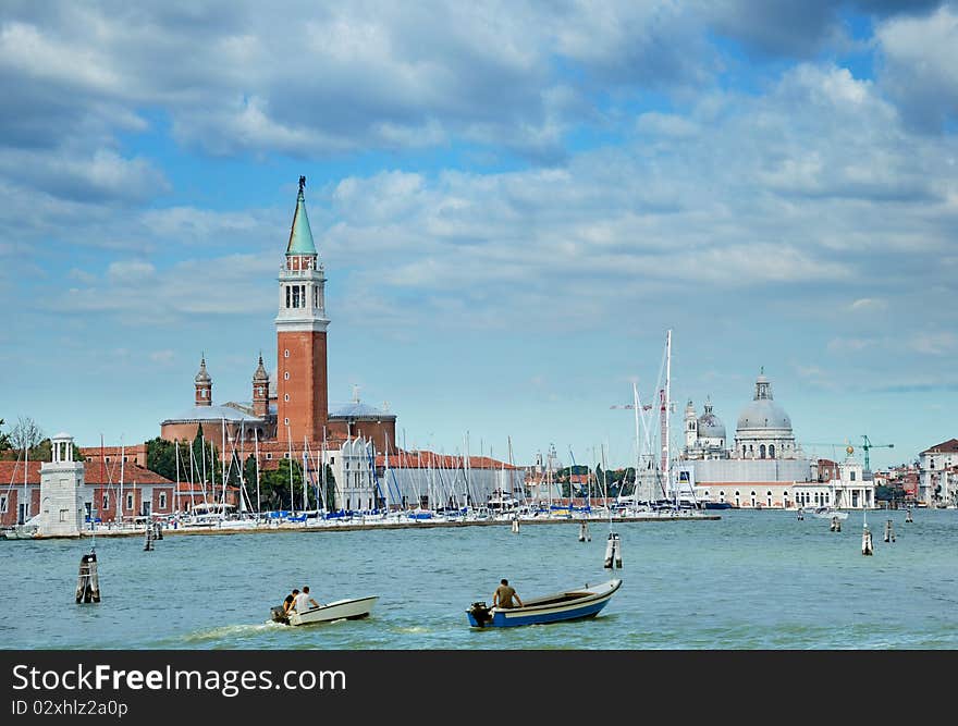 The Church of San Giorgio Maggiore and the Basilica of St. Mary of Health (Salute) in Venice, Italia. View from San Marco canal. The Church of San Giorgio Maggiore and the Basilica of St. Mary of Health (Salute) in Venice, Italia. View from San Marco canal.