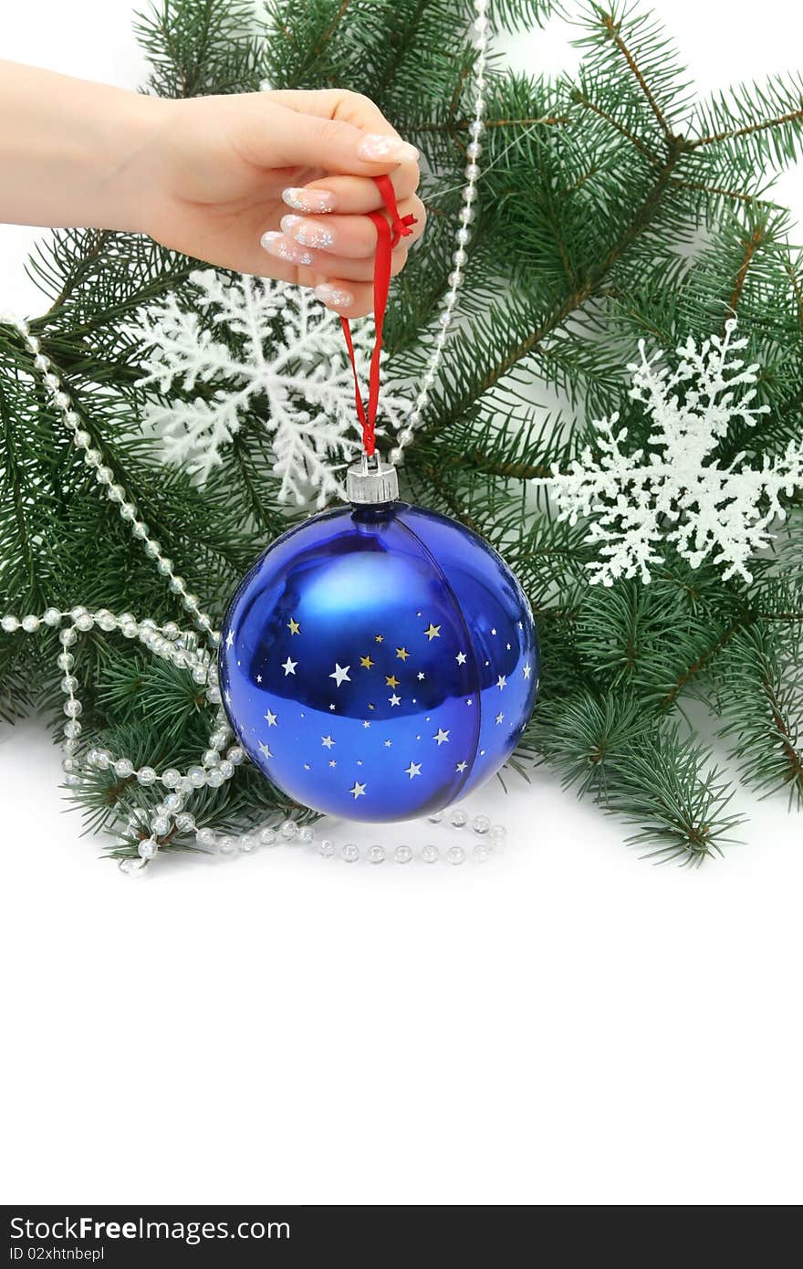 Female hand holding a Christmas ball on natural christmas tree. Female hand holding a Christmas ball on natural christmas tree