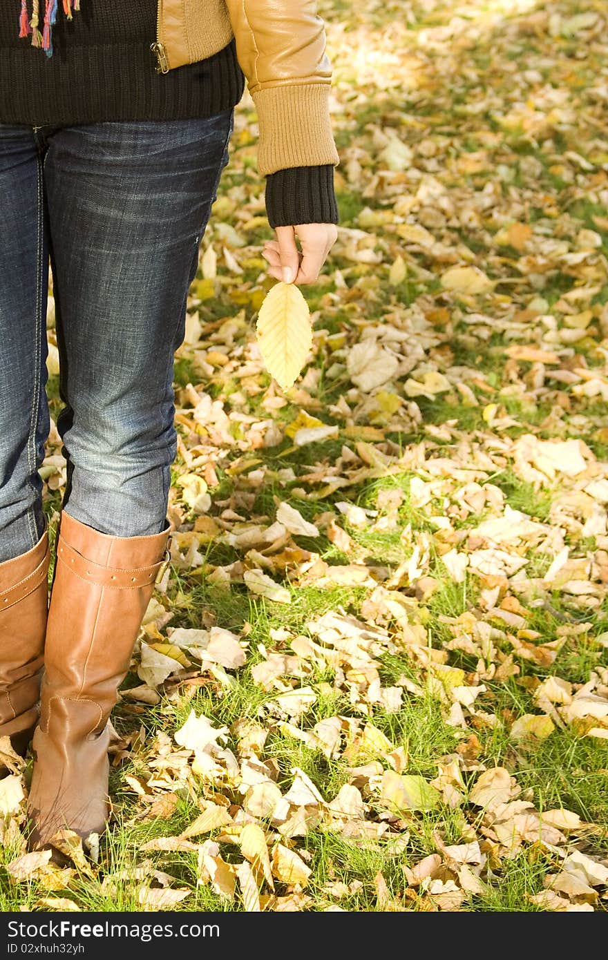 Human body parts girls in her hand a yellow leaf. On the street in autumn. Human body parts girls in her hand a yellow leaf. On the street in autumn