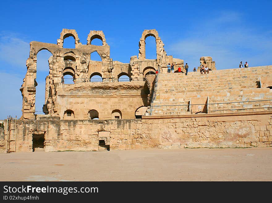 The ruins of anthique Roman Coliseum in Tunisia