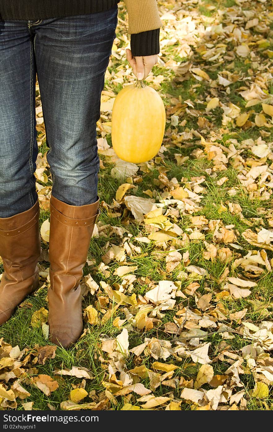 Part of the human body girl in his hand a pumpkin. On the street in autumn. Part of the human body girl in his hand a pumpkin. On the street in autumn