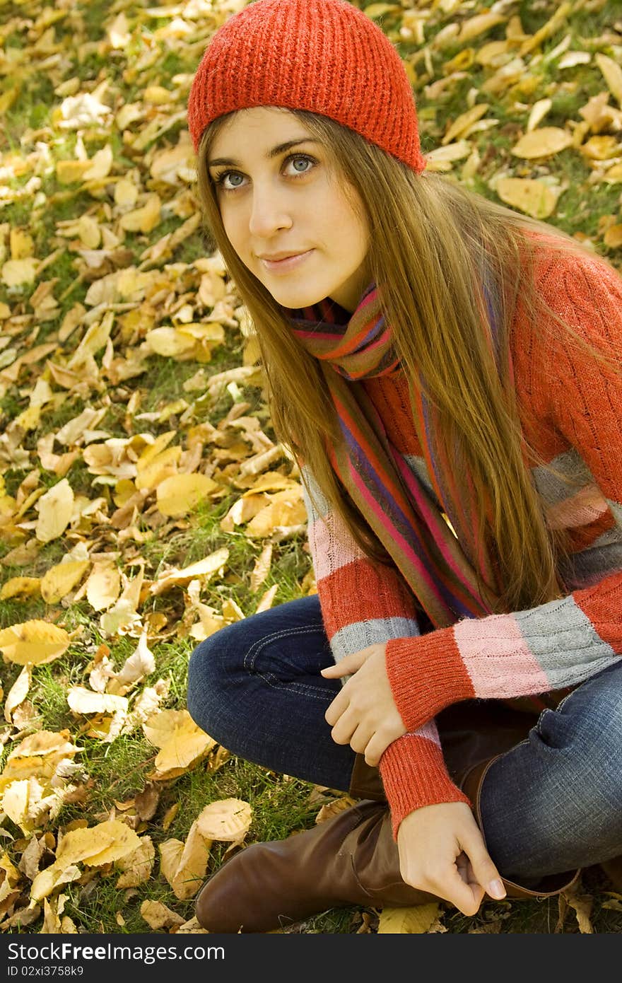 Portrait of a beautiful young woman sitting in a pile of leaves, smiling, looking up. Portrait of a beautiful young woman sitting in a pile of leaves, smiling, looking up