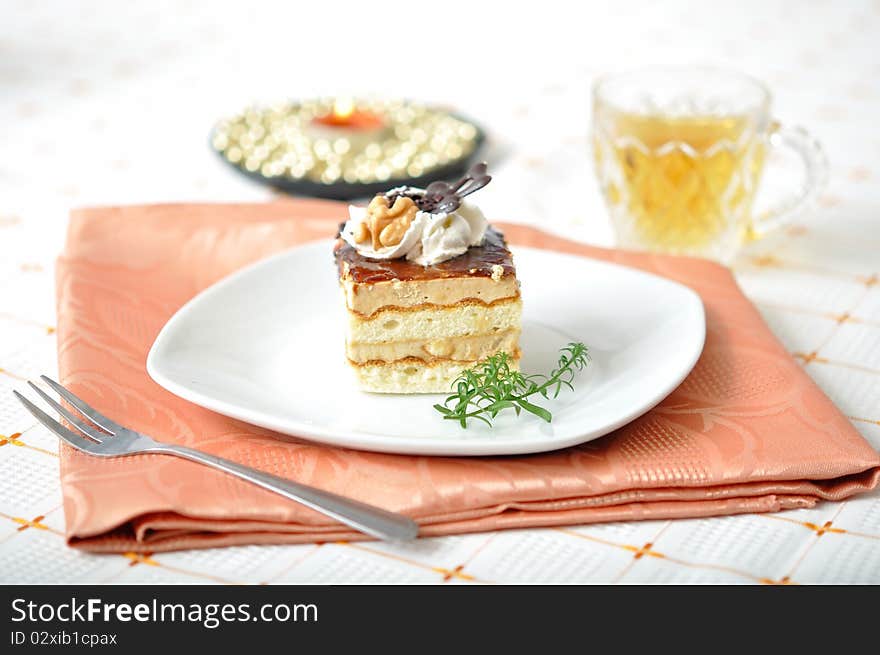 Chocolate dessert with tea and napkin