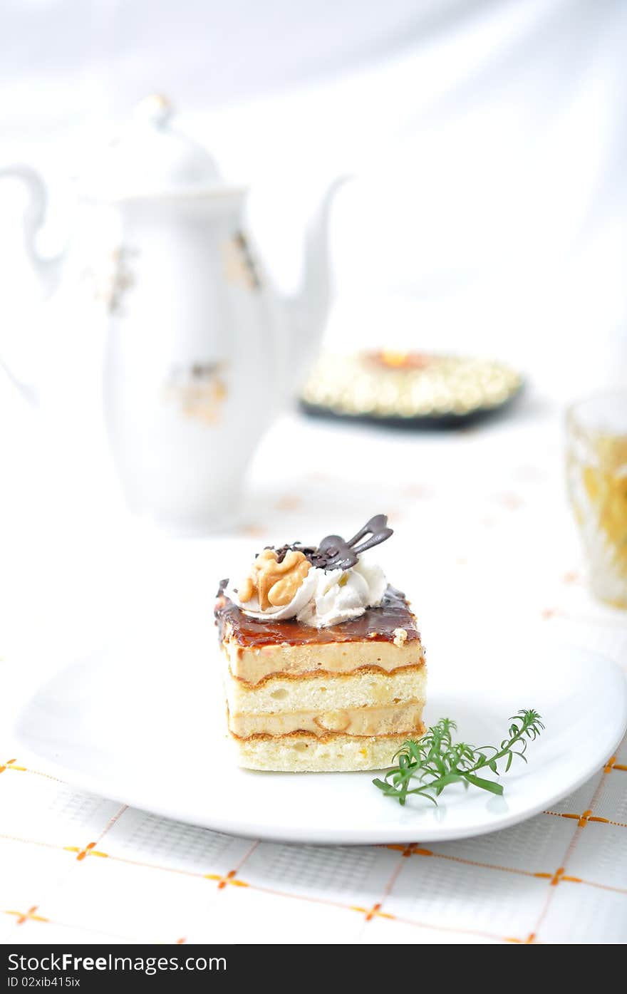 Chocolate dessert with tea and napkin