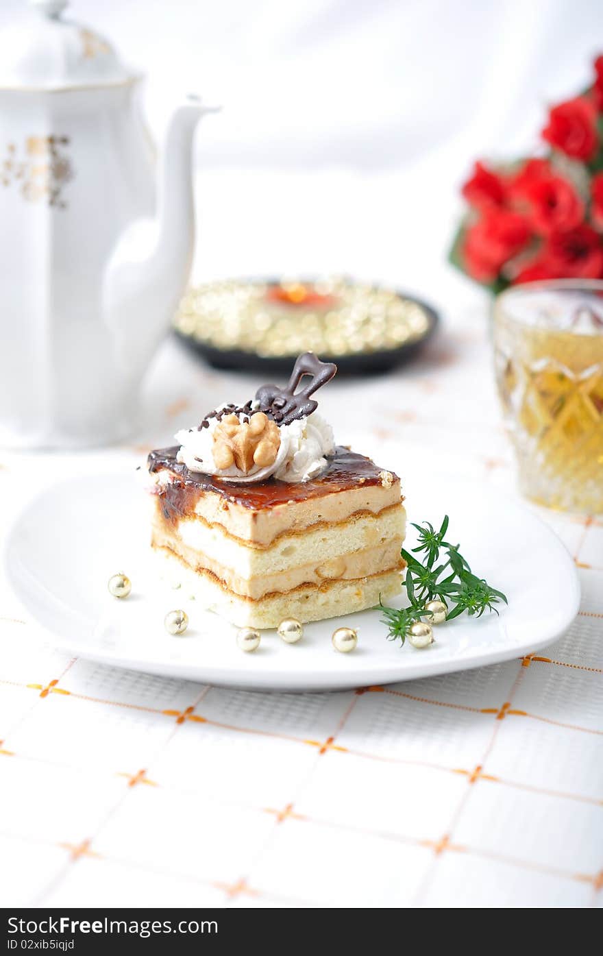 Chocolate dessert with tea and napkin