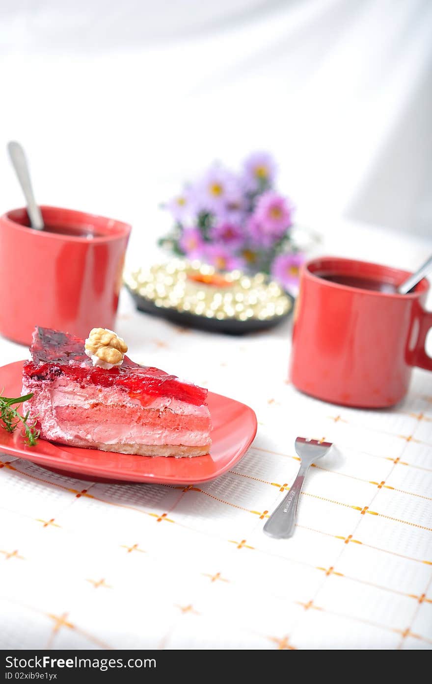 Fruit dessert with tea and napkin