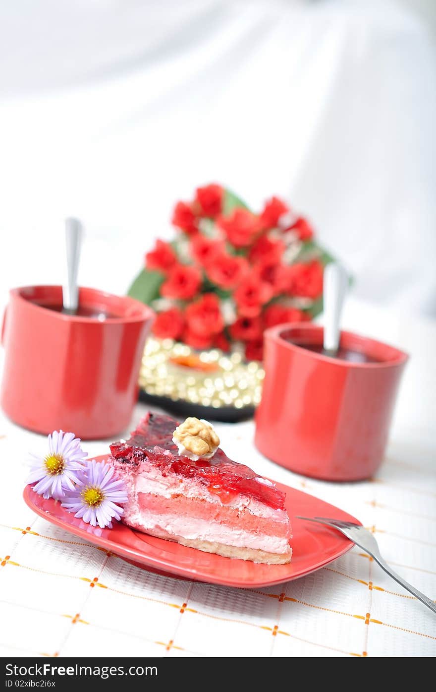 Fruit dessert with tea and napkin