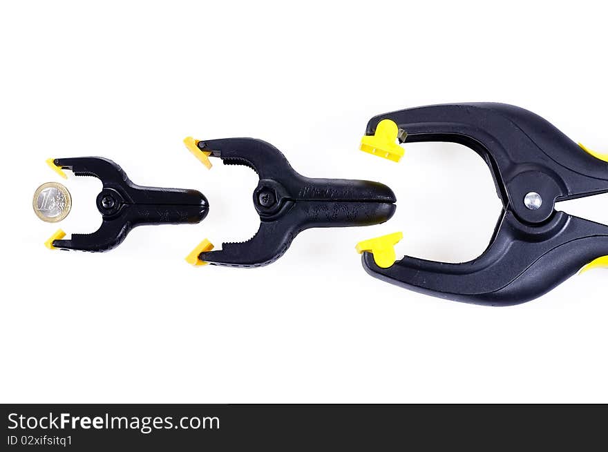 Tongs queuing for a coin in white background. Tongs queuing for a coin in white background