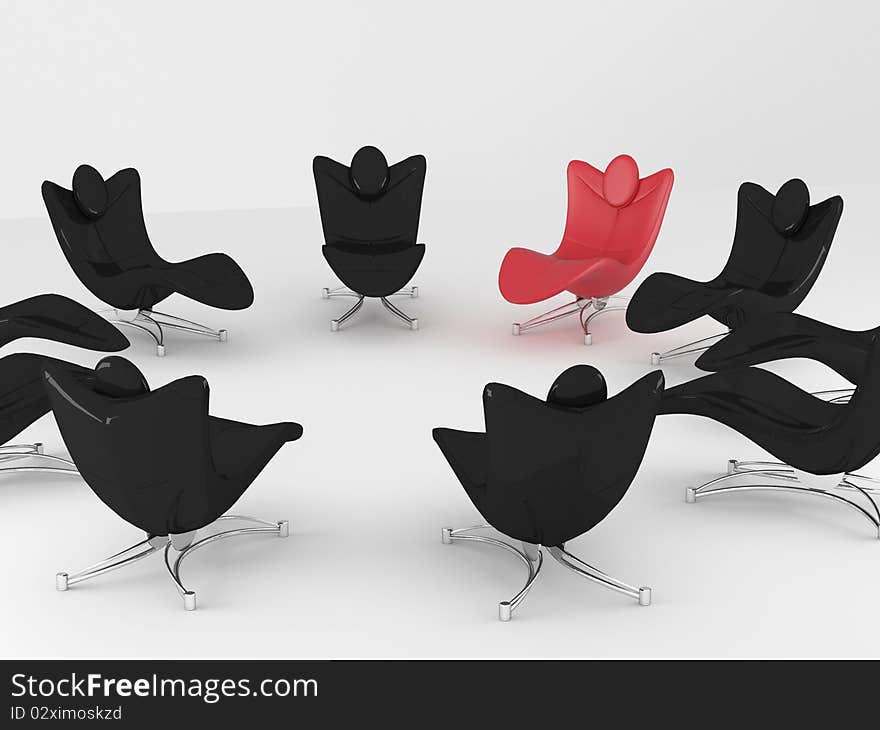 Special red comfortable office armchair between ordinary seats, render/illustration. Special red comfortable office armchair between ordinary seats, render/illustration