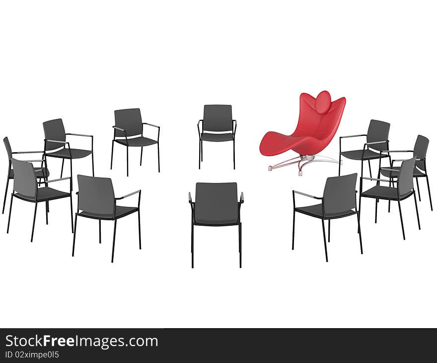 Special red comfortable office armchair between ordinary seats, standing in a circle, isolated, render/illustration. Special red comfortable office armchair between ordinary seats, standing in a circle, isolated, render/illustration