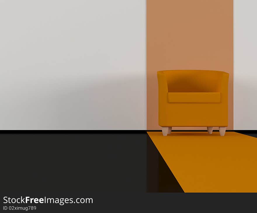 Modern red armchair indoor, black glossy floor, living room, 3d render/illustration. Modern red armchair indoor, black glossy floor, living room, 3d render/illustration