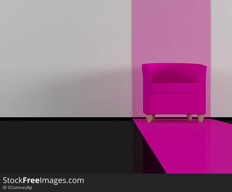 Modern pink armchair indoor, black glossy floor, living room, 3d render/illustration. Modern pink armchair indoor, black glossy floor, living room, 3d render/illustration