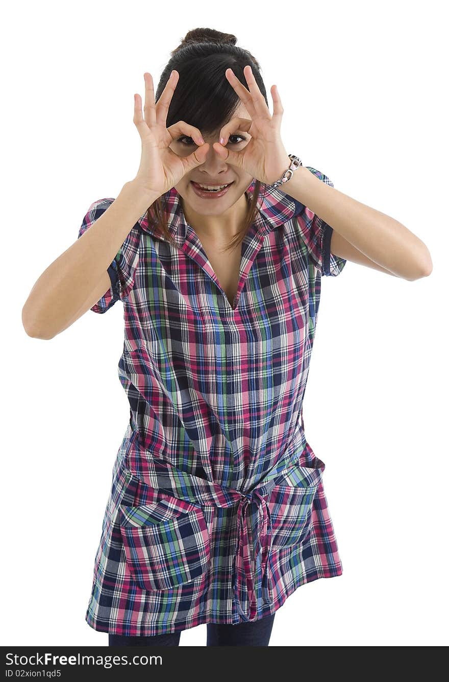 Young woman pretending to wear glasses, isolated on white background