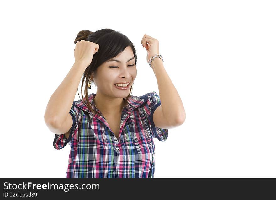 Happy woman celebrating her success, isolated on white background