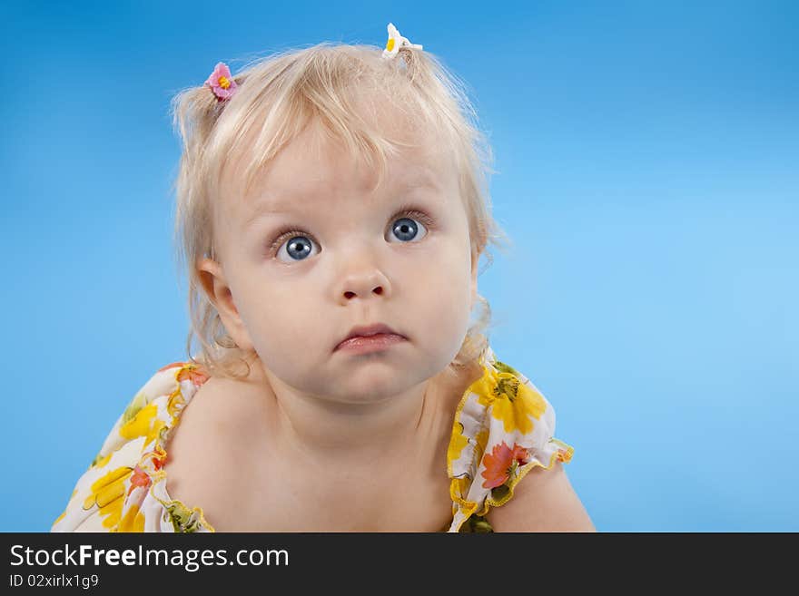 Small lovely girl on a blue background.