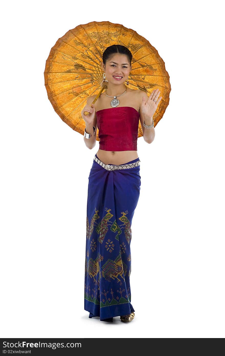 Asian girl in traditional clothes with umbrella, isolated on white