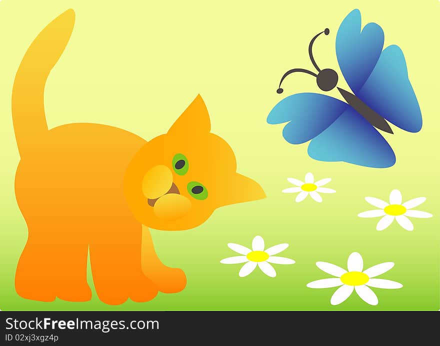 vector illustration of a cat, a butterfly and white flowers. vector illustration of a cat, a butterfly and white flowers