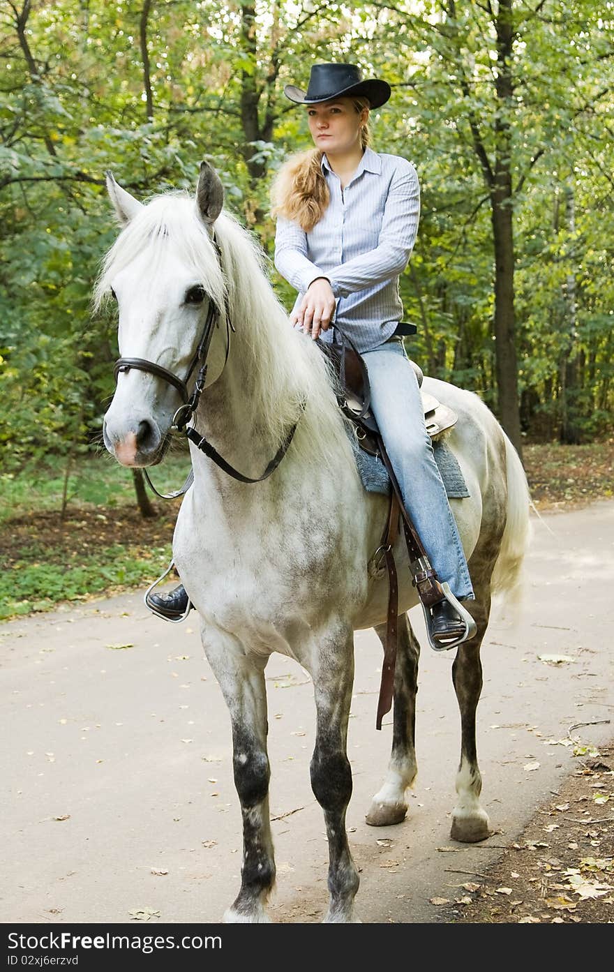 Young horsewoman sits on a white horse