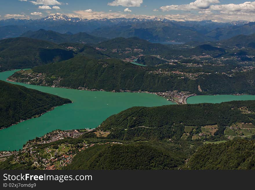 View from Monte Generoso down to Lugano and its lake in Switzerland