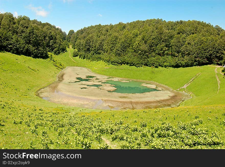 Intriguing wood lake located on high mountains