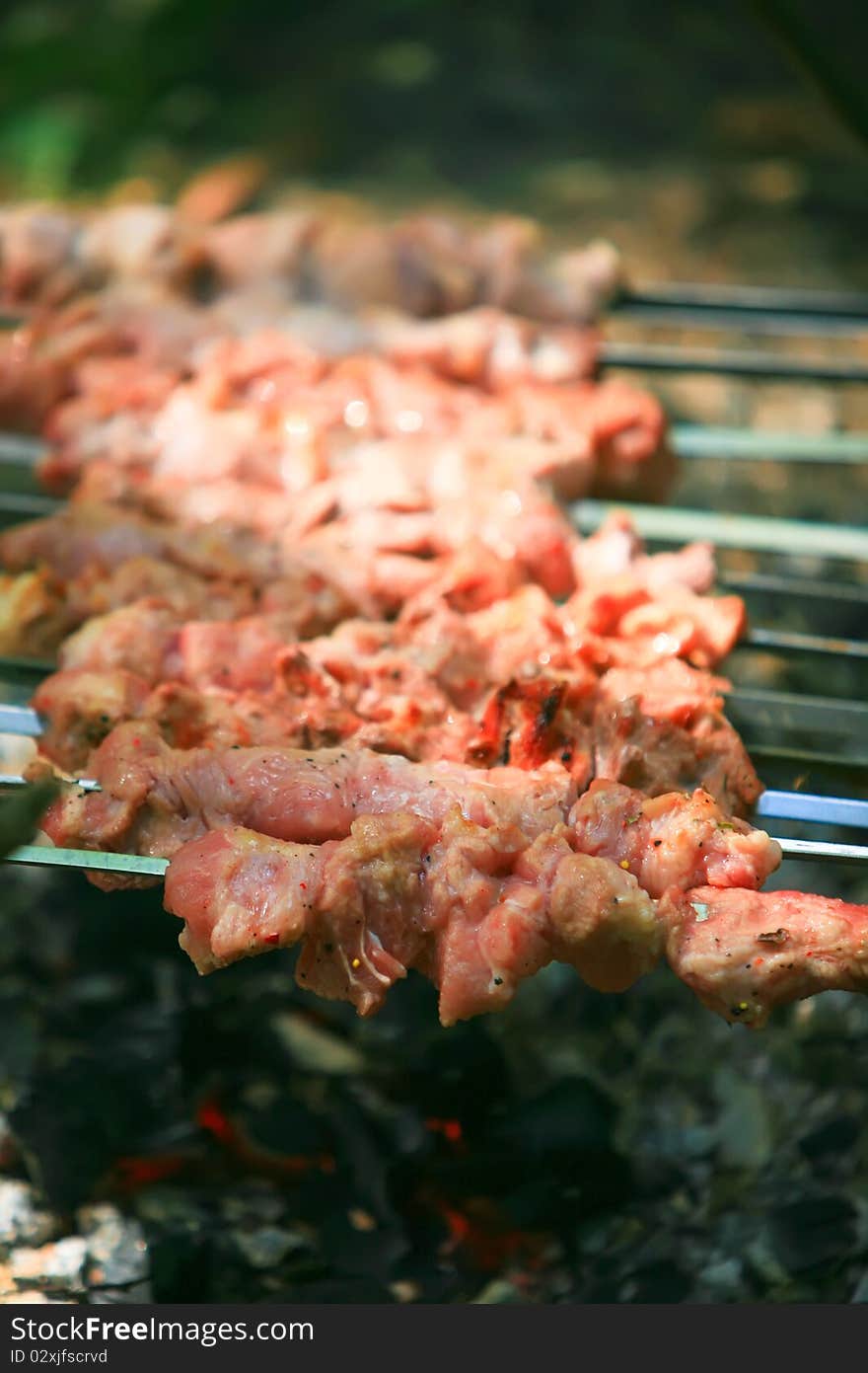 Cooking Barbeque Pork On Skewers Over A Fire