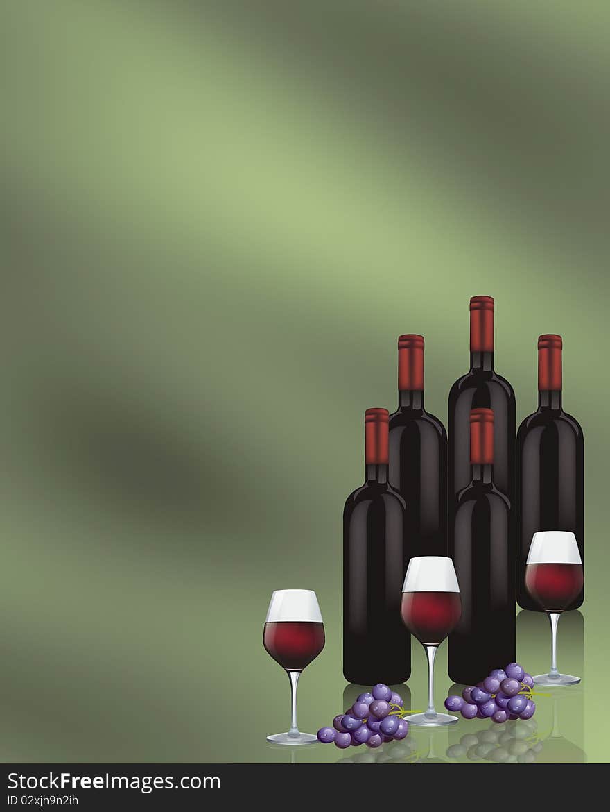 Bottles of red wine and wine glasses.