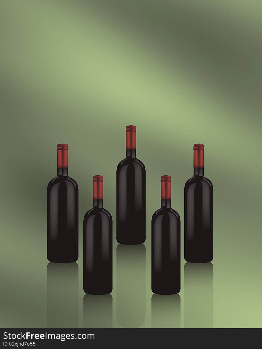 Red wine bottles isolated on green background