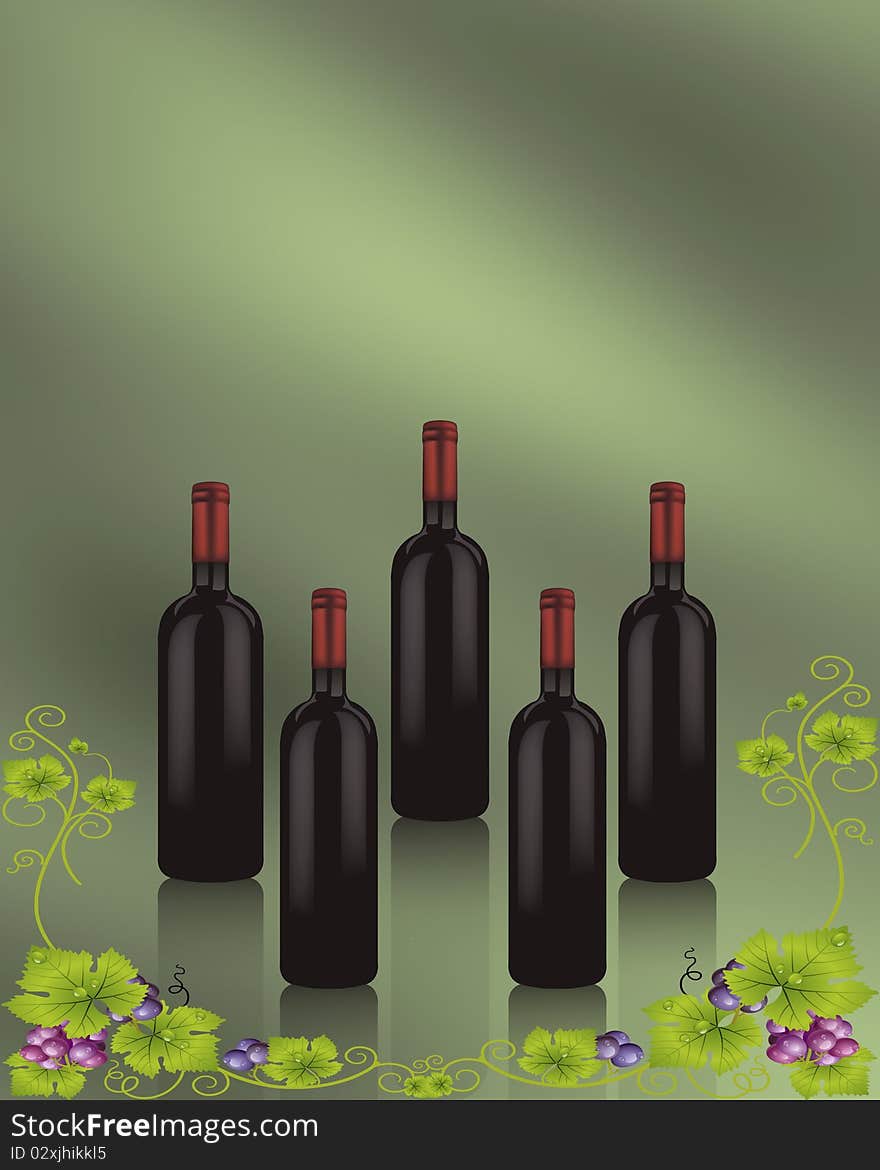 Red wine and grapevine composition isolated on green background