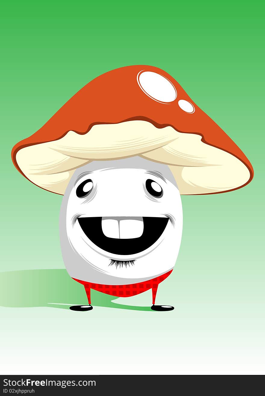 Illustration of a happy mushroom with a red pileus and red pants. Illustration of a happy mushroom with a red pileus and red pants