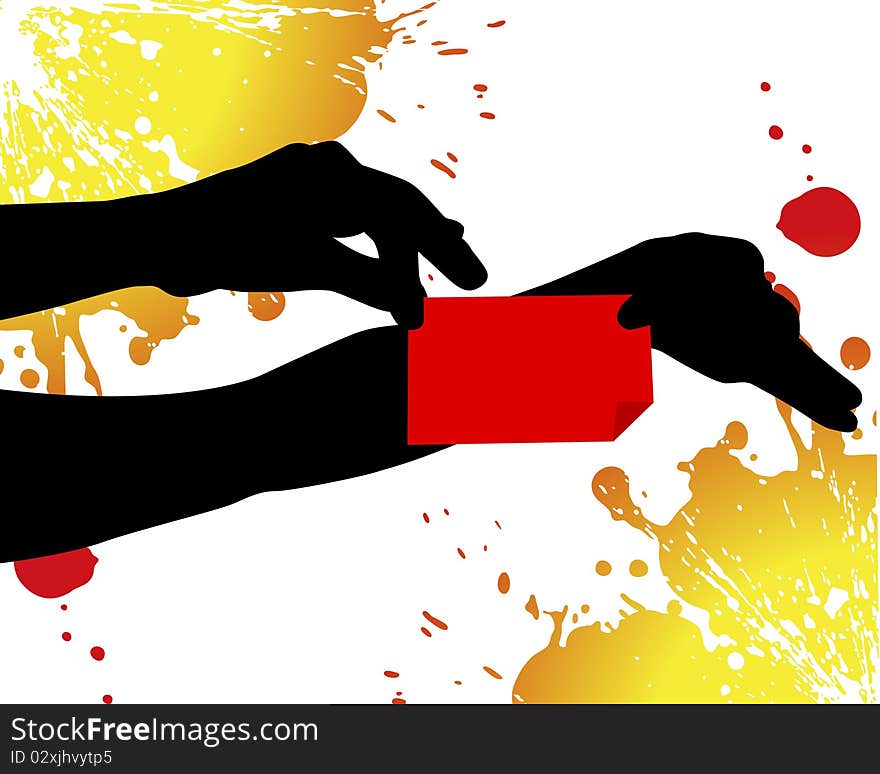 Black hands holding red tag on grunge background.