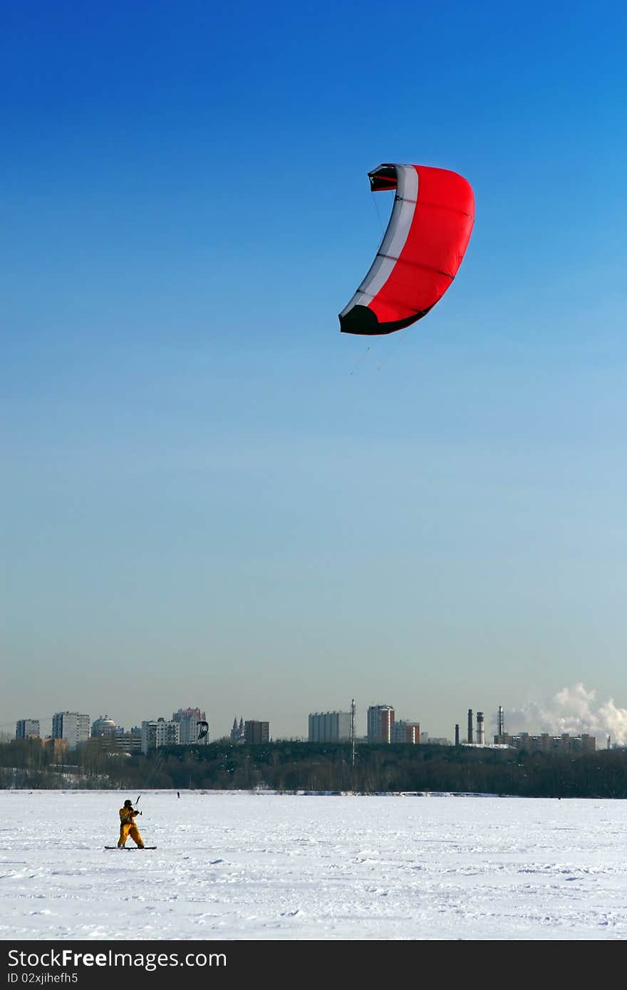 Winter kite surfing on ice