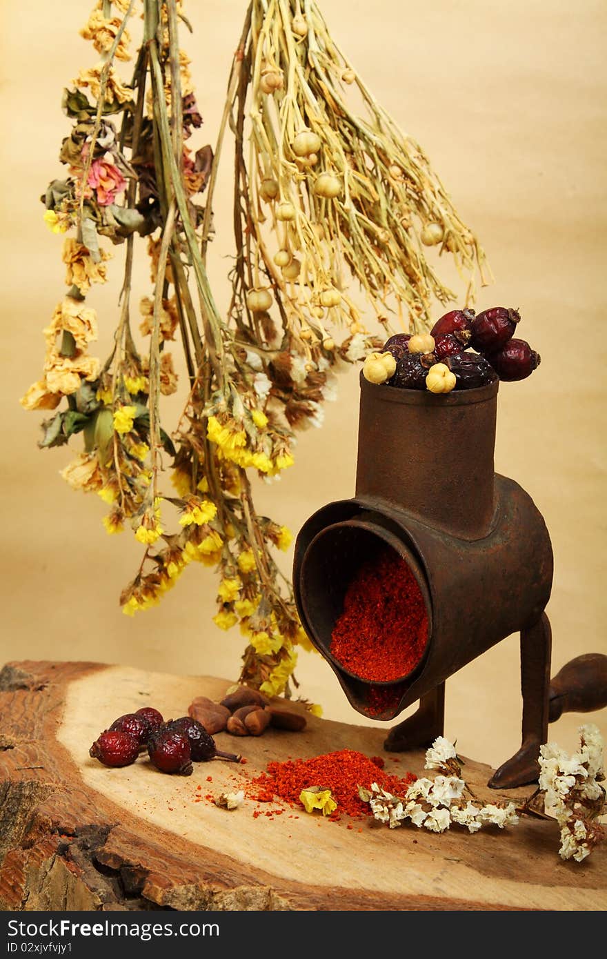 Culinary still-life with handmill, spice and twigs of dry flowers. Culinary still-life with handmill, spice and twigs of dry flowers