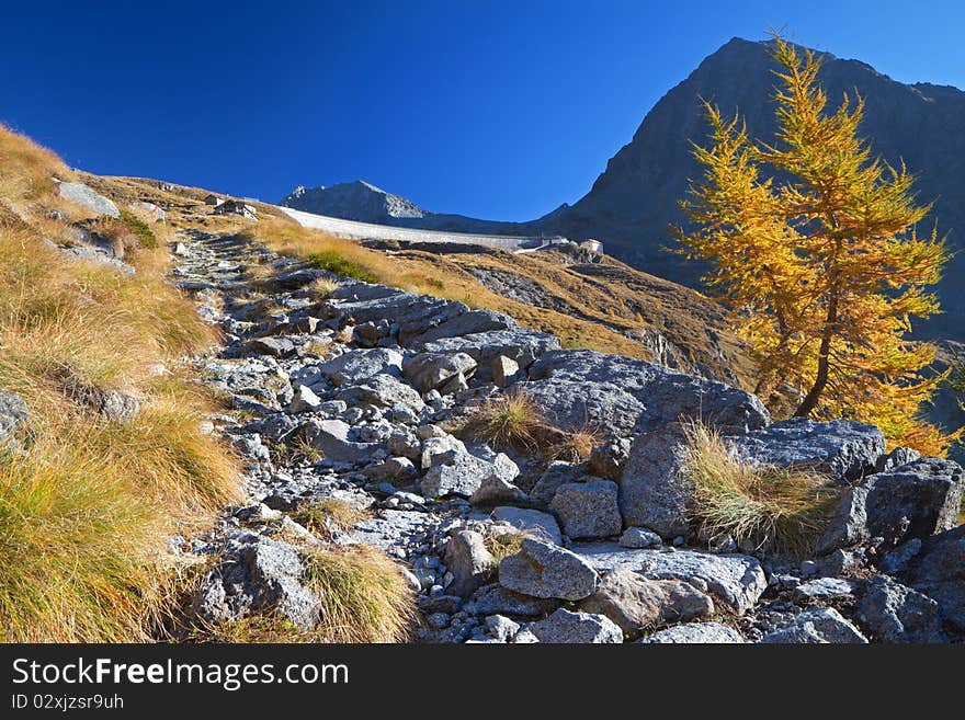 Track for Baitone dam at 2281 meters on the sea-level. Brixia province, Lombardy region, Italy