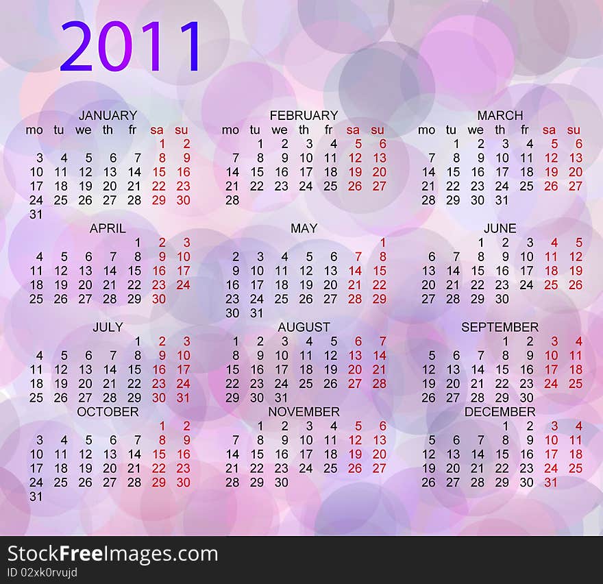 This is a calendar for 2011 on a white background. Starts sunday Helvetica font used. Colors can be changed in additional format. This is a calendar for 2011 on a white background. Starts sunday Helvetica font used. Colors can be changed in additional format.