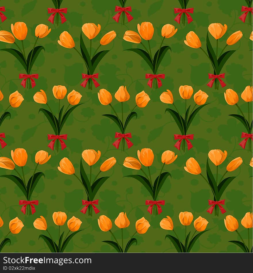 Tulip bunch with red bow seamless background. Tulip bunch with red bow seamless background