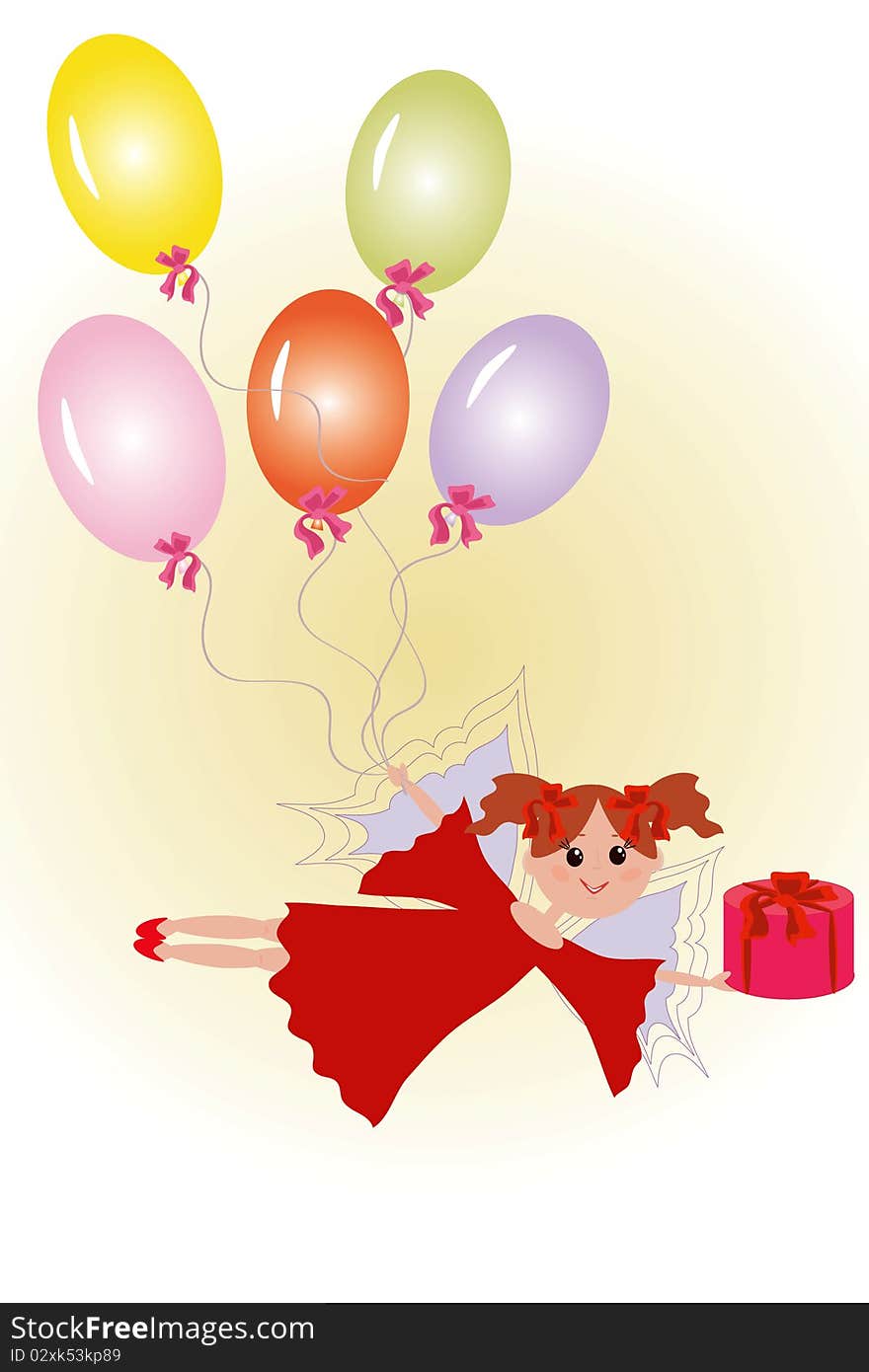 Fairy with gift and balloons.