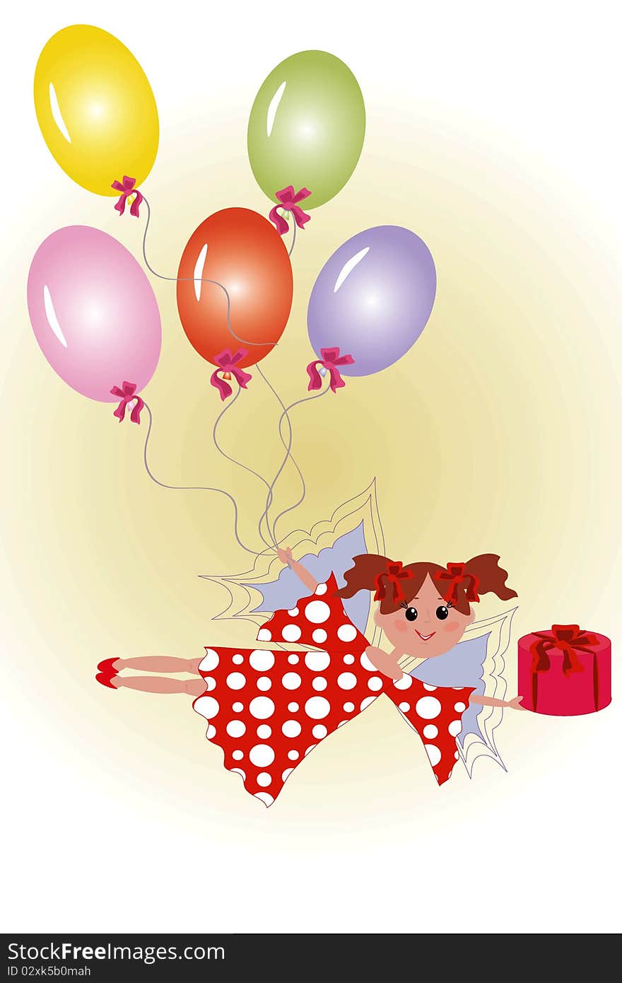 Fairy with gift and balloons.