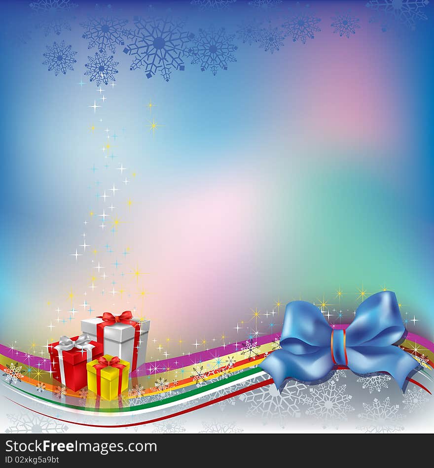 Christmas greeting with blue bow and gifts