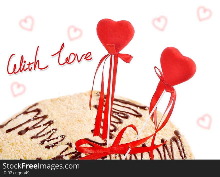 Two red hearts in a target of cake on a white background