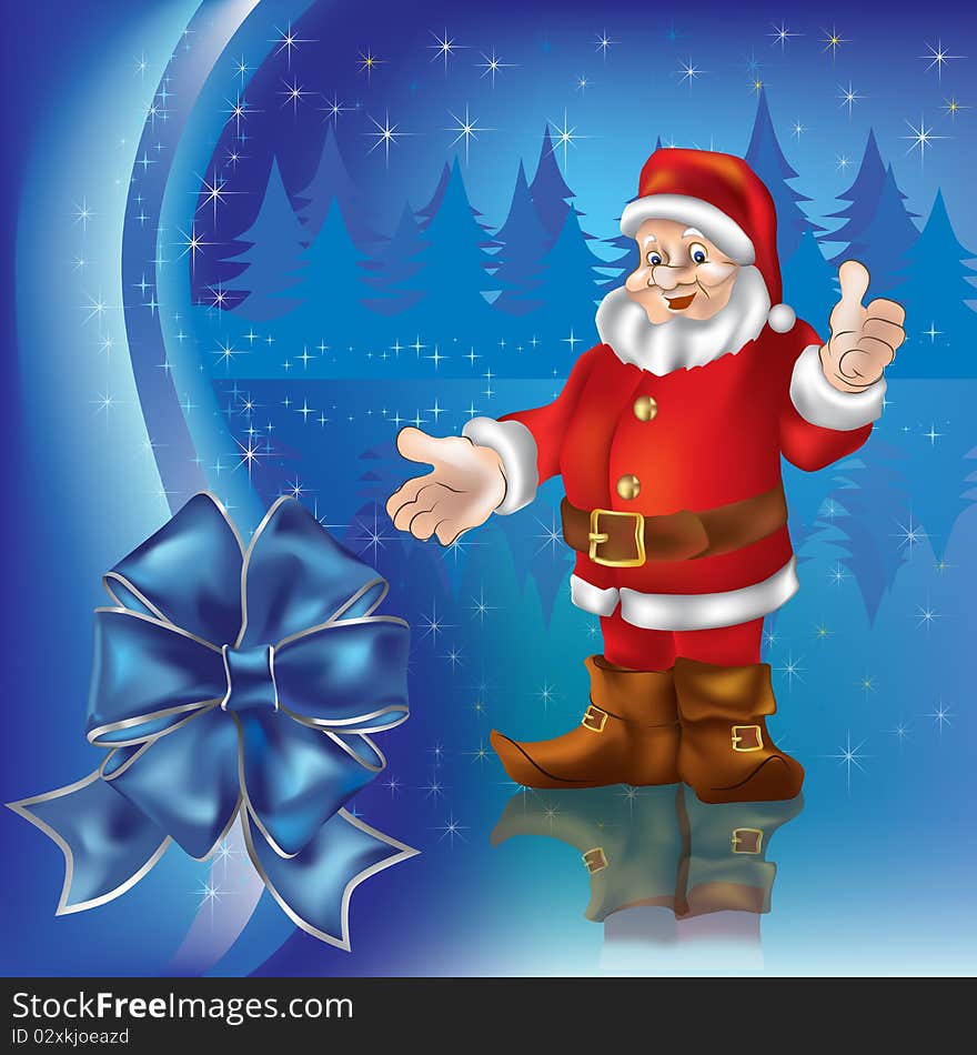 Christmas greeting with Santa Claus in blue forest