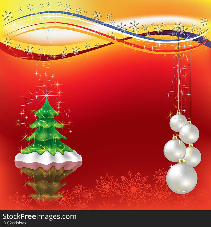 Christmas greeting with tree and pearl balls on a red