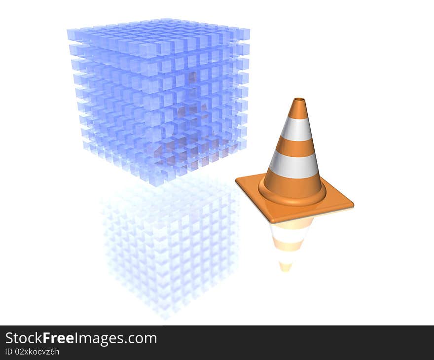 3D-modeled set of cubes representing the notion of database or computer system, accompanied with working site indications. 3D-modeled set of cubes representing the notion of database or computer system, accompanied with working site indications