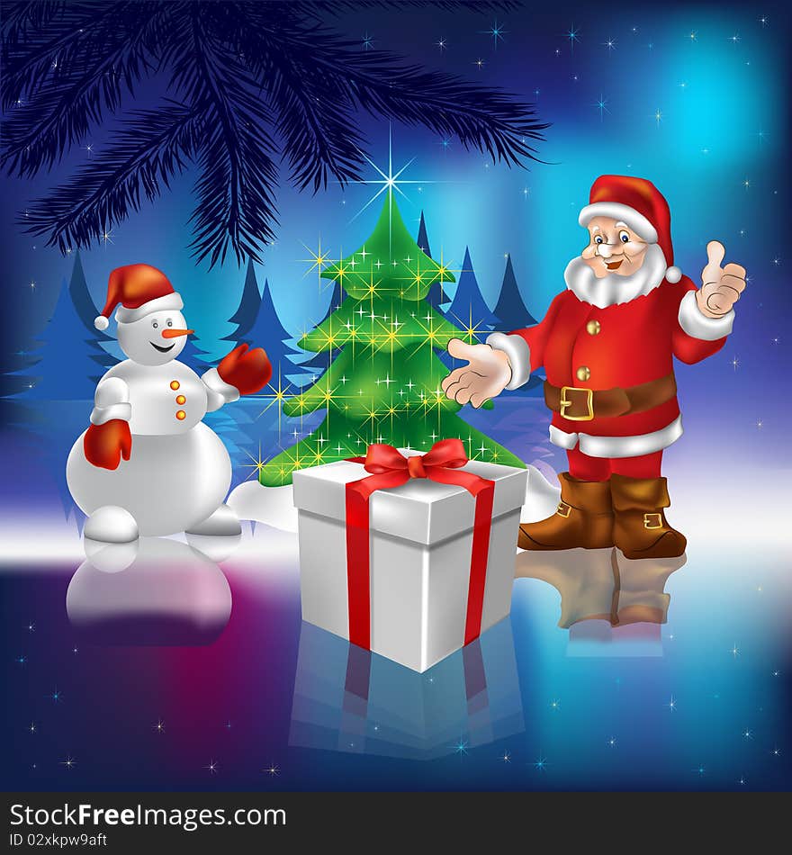 Santa Claus with gift and snowman