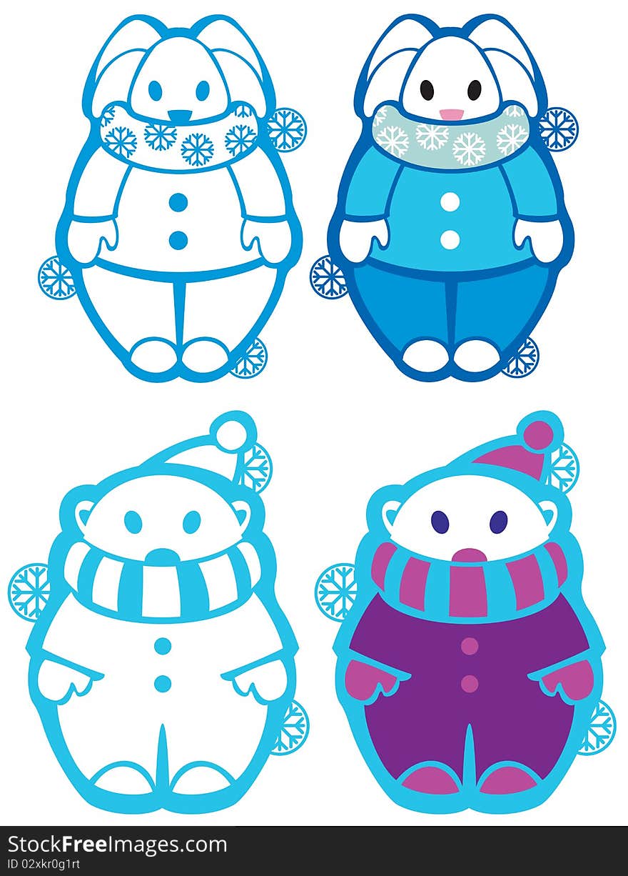 Funny rabbit and bear with snowflakes