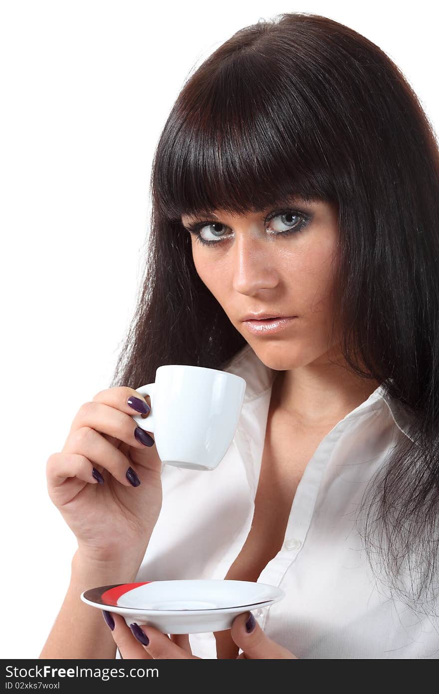 Young attractive blue eyes woomen drink coffee. Young attractive blue eyes woomen drink coffee