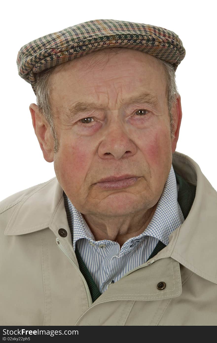 Senior male portrait on white background.