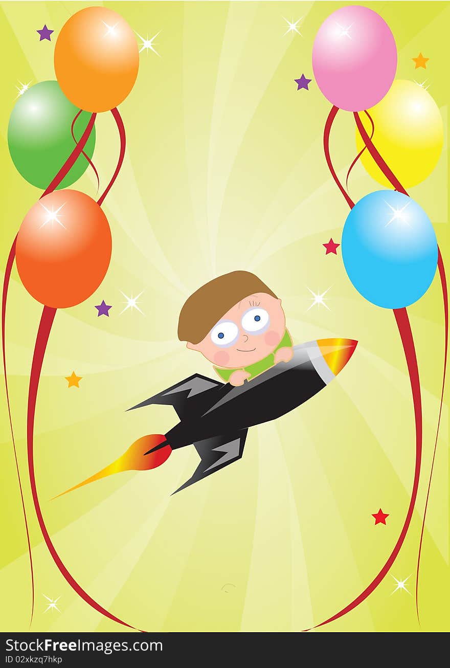 Celebration card with a child on top of a rocket